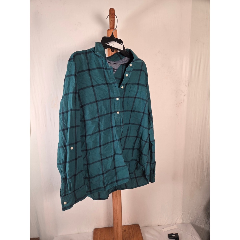 Tommy Hilfiger‎ Womens Teal Navy Plaid Roll Tab Sleeve Button Down Shirt Large